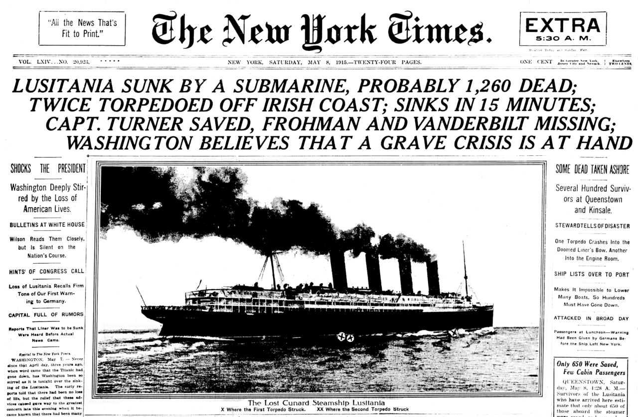 Noticia del hundimiento del Lusitania en el New York Times
