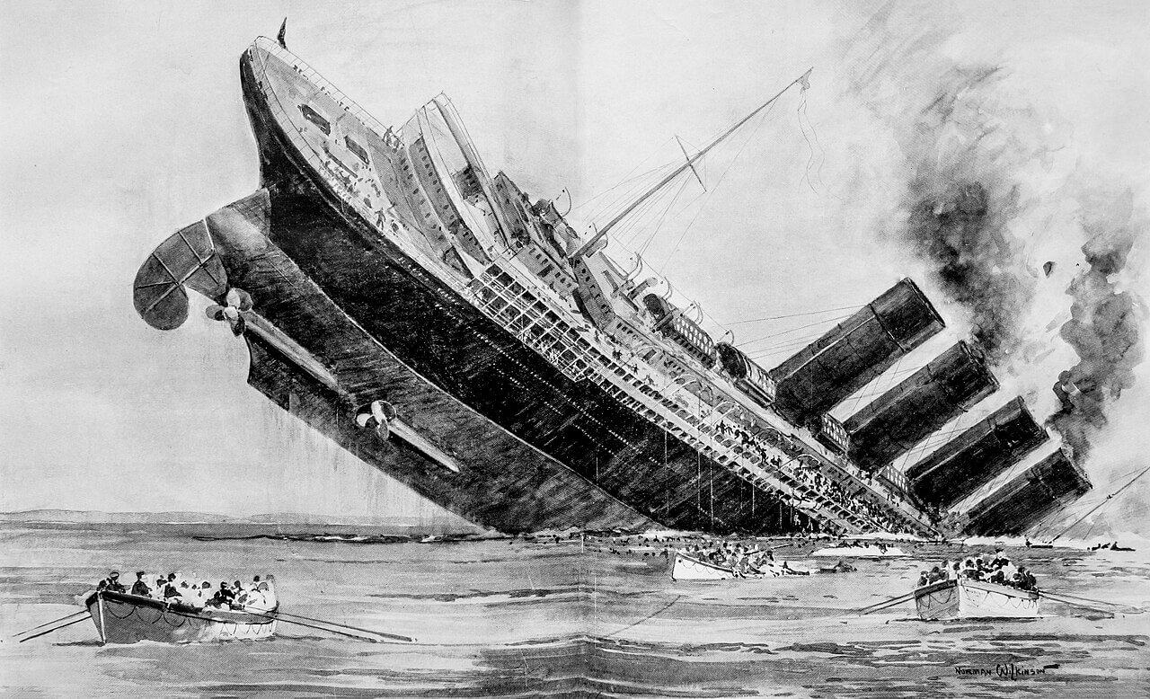 Ilustración del hundimiento del Lusitania por Norman Wilkinson